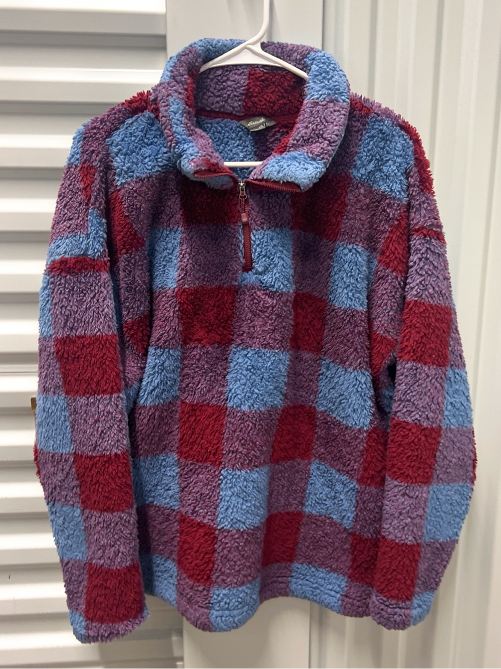 Eddie Bauer Red & Light Blue Check Sherpa Half-Zip Pullover